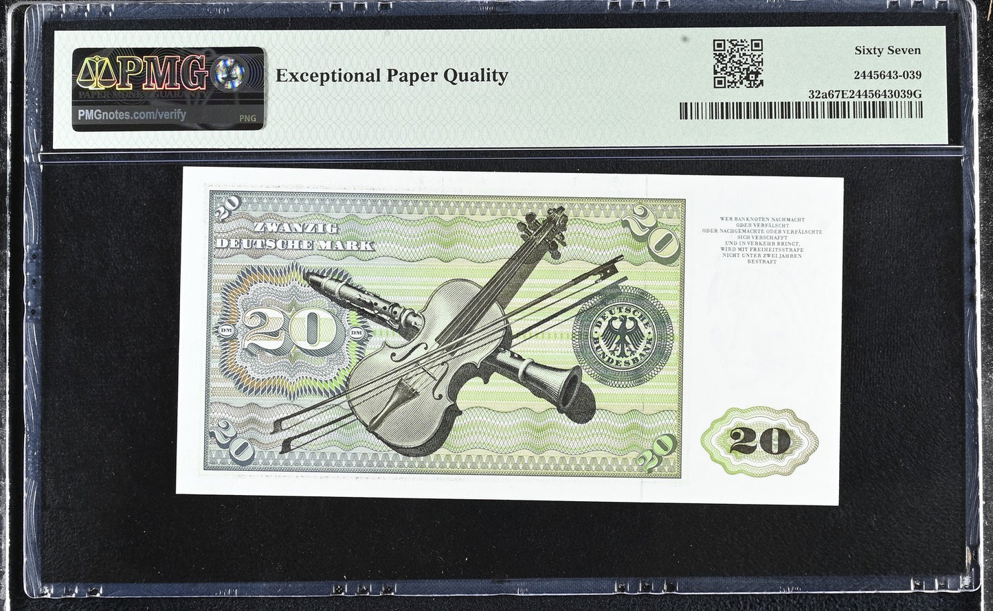 Germany Federal Republic 20 Deutsche Mark 1970 P 32a UNC PMG 67 EPQ 3rd TOP POP