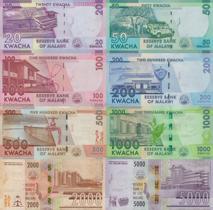 Malawi 20-5000 Kwacha 2020-2024 P 63 64 65-71 Random Year UNC SET 8 pcs