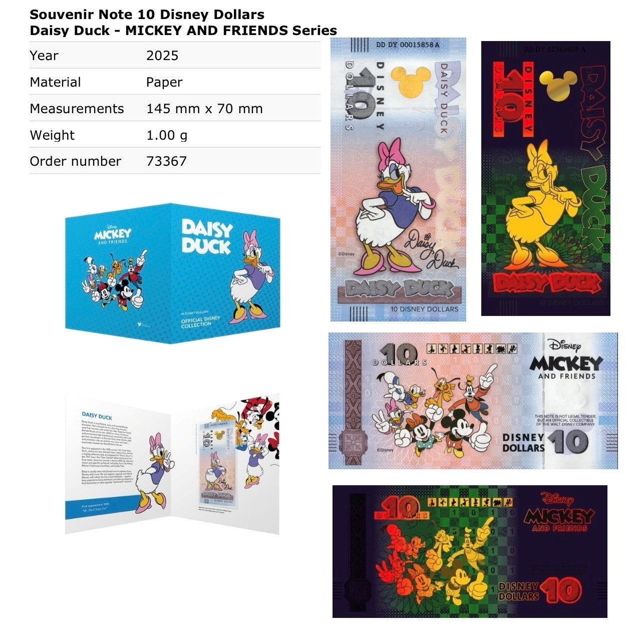 Disney Official Mickey Mouse & Frinds 10 Dollars 2025 Daisy Duck UNC With Folder
