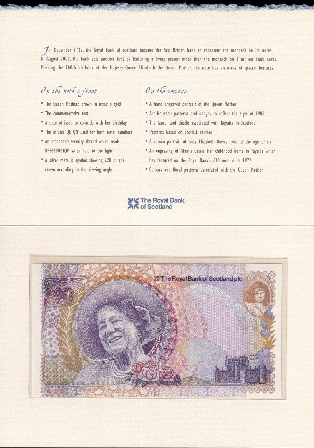 Scotland 20 Pounds Sterling 2000 P 361 UNC Royal Bank of Scotland PLC COMM. W/F