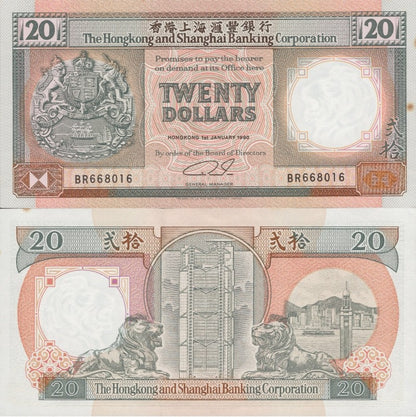 Hong Kong 20 Dollars 1990 P 197a UNC HSBC FOXING