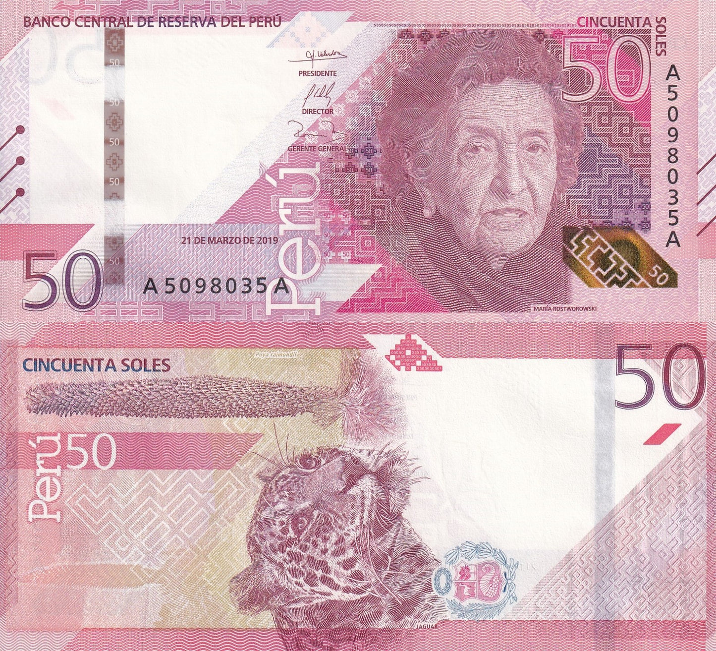 Peru 50 Soles 2019 / 2022 P 198 UNC A-A First Prefix