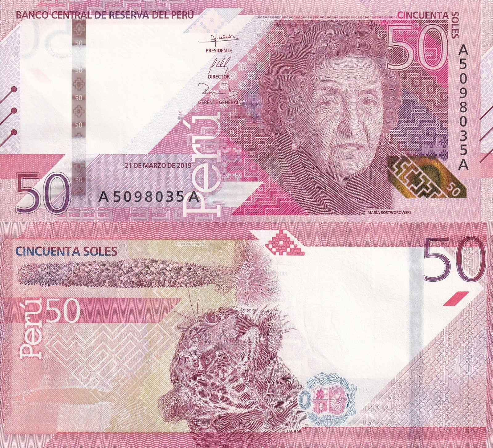 Peru 50 Soles 2019 / 2022 P 198 UNC A-A First Prefix