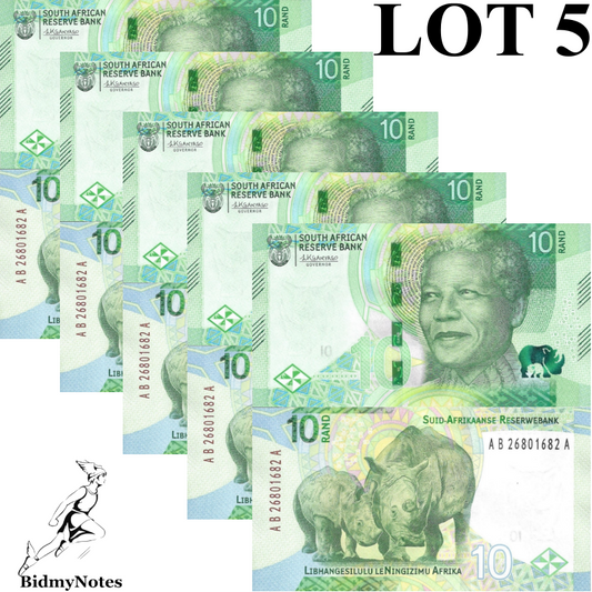 South Africa 10 Rand 2023 P 148 UNC 1/20 Bundle LOT 5 pcs