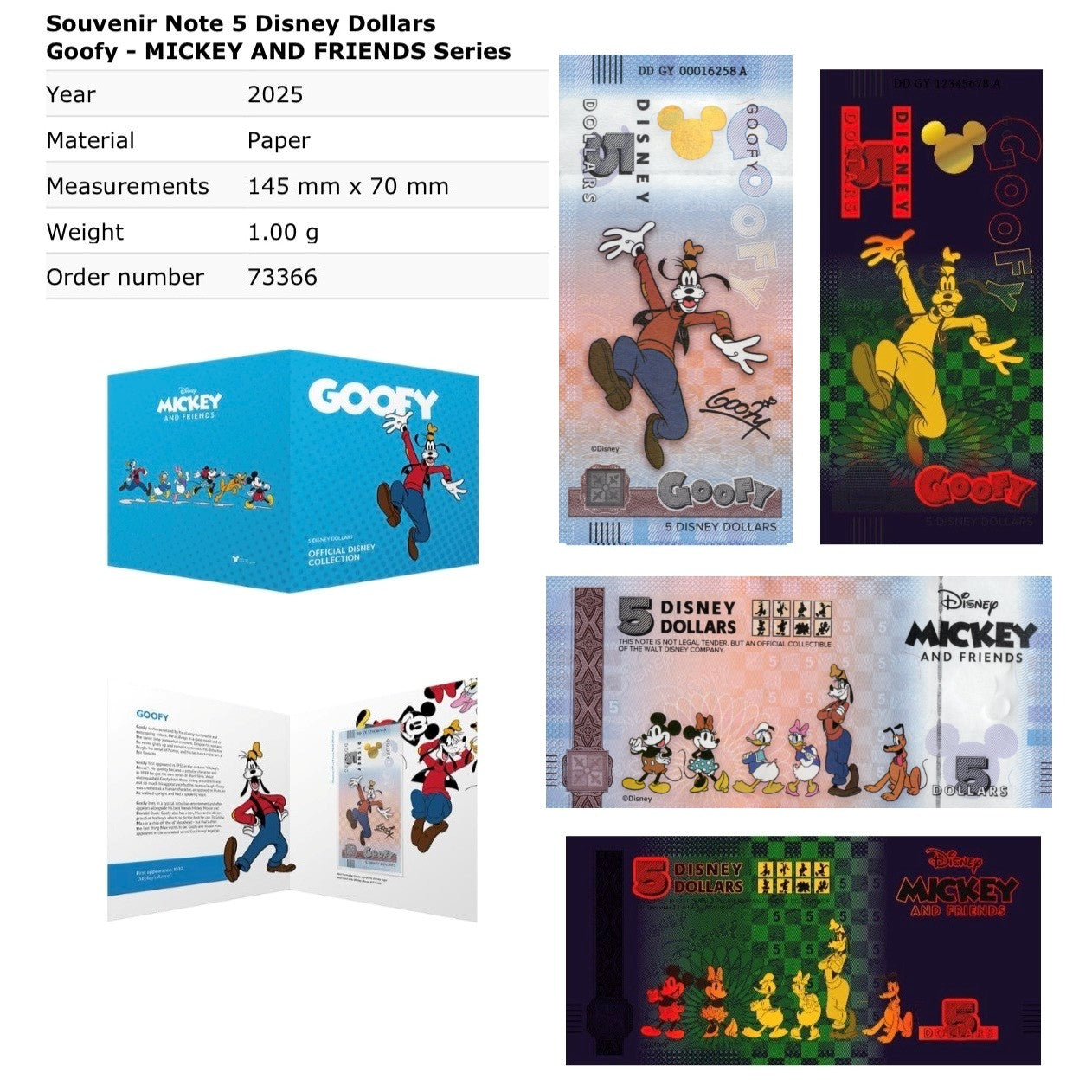 Disney Official Mickey Mouse & Frinds 5 Dollars 2025 Goofy UNC With Folder