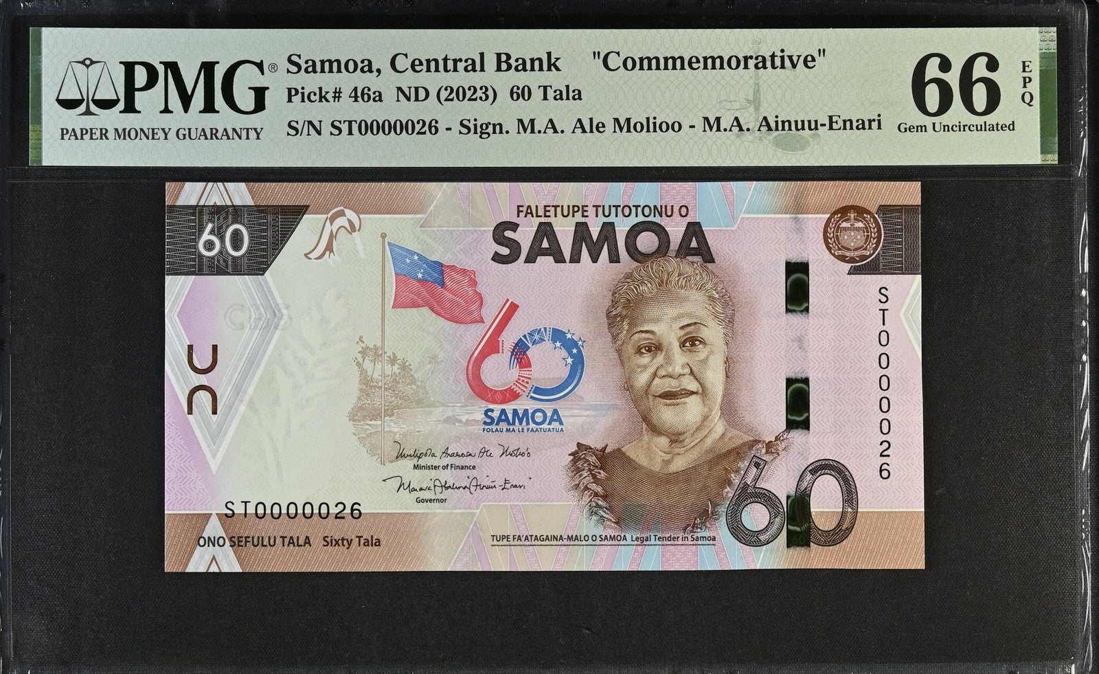 Samoa Commemorative 60 Tala ND (2023) P 46a UNC PMG 66 EPQ LOW S/N 0000026
