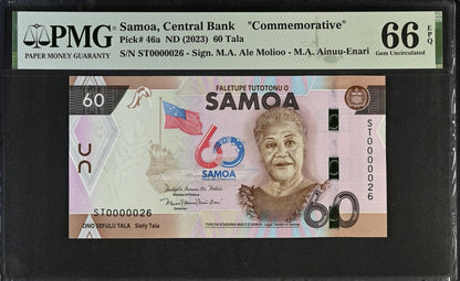 Samoa Commemorative 60 Tala ND (2023) P 46a UNC PMG 66 EPQ LOW S/N 0000026