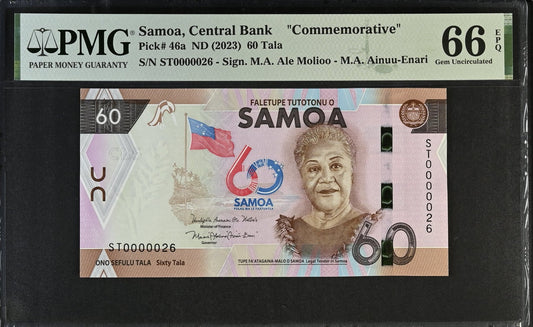 Samoa Commemorative 60 Tala ND (2023) P 46a UNC PMG 66 EPQ LOW S/N 0000026