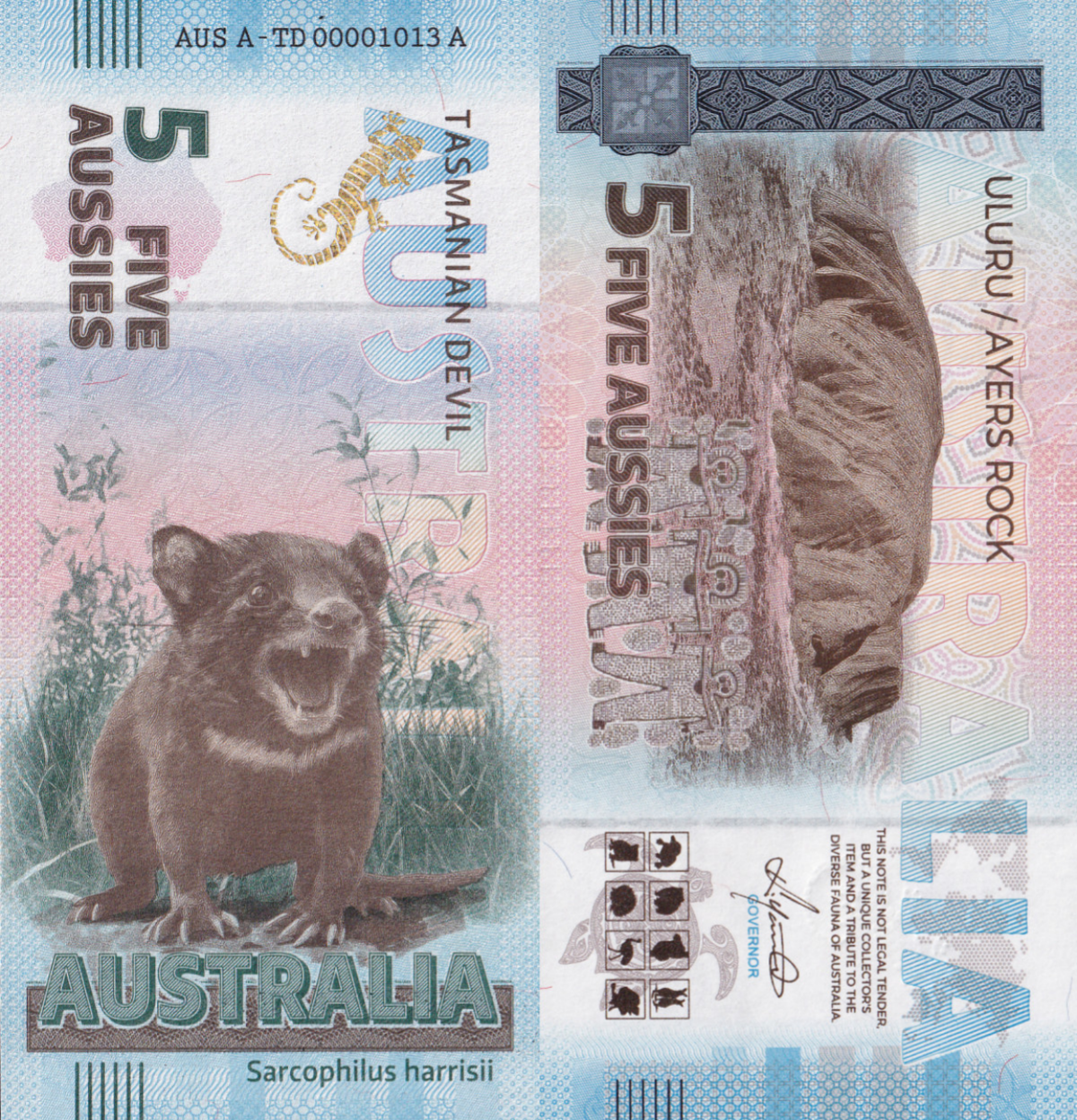 Australia TEST NOTE Souvenir Note 5 Aussie Tasmanian Devil UNC