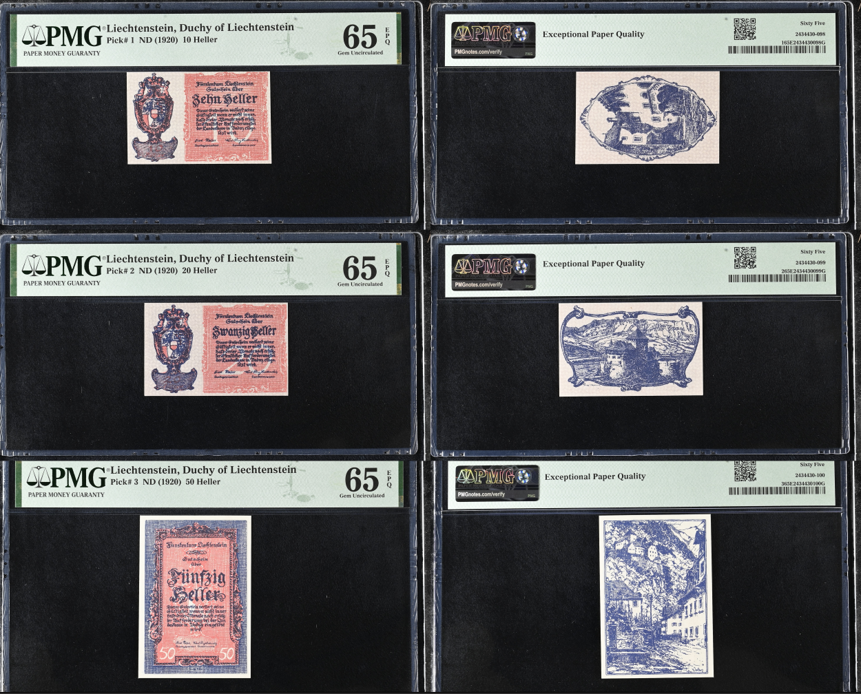 Liechtenstein 10 20 50 Heller ND (1920) P 1 2 3 UNC PMG 65 EPQ Set 3 pcs