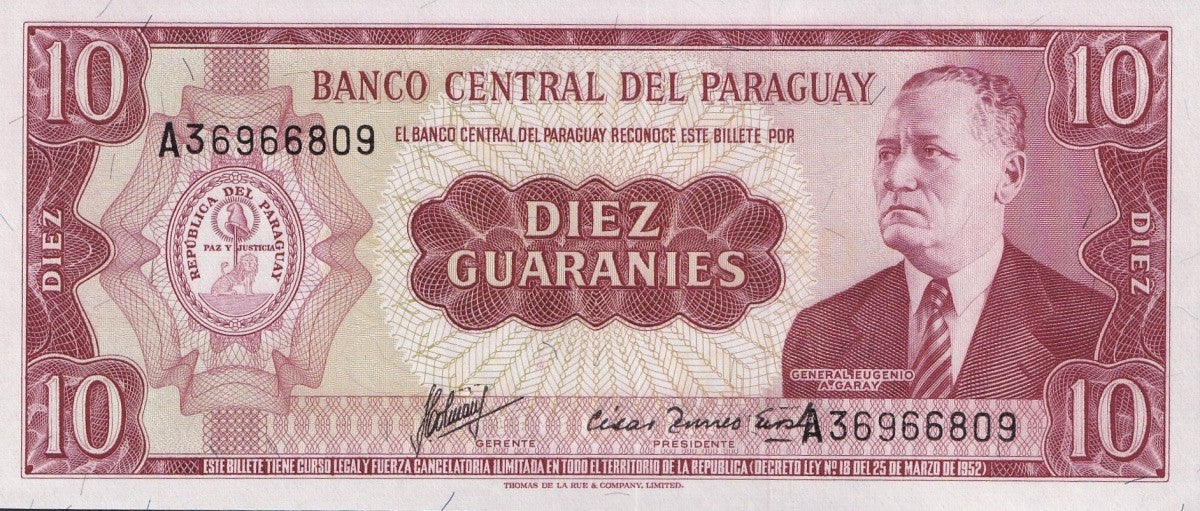 Paraguay 10 Guaraníes 1952 P 196 UNC