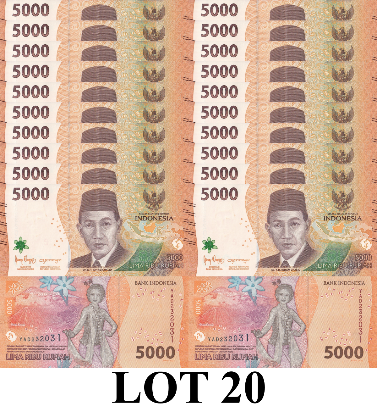 Indonesia 5000 Rupiah 2022 P 164 UNC 1/5 Bundle Lot 20 pcs