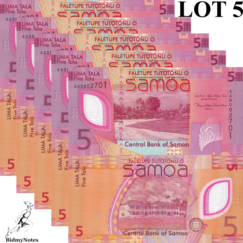 Samoa 5 Tala 2023 P 47 New Polymer  UNC AA First Prefix 1/20 Bundle LOT 5 pcs