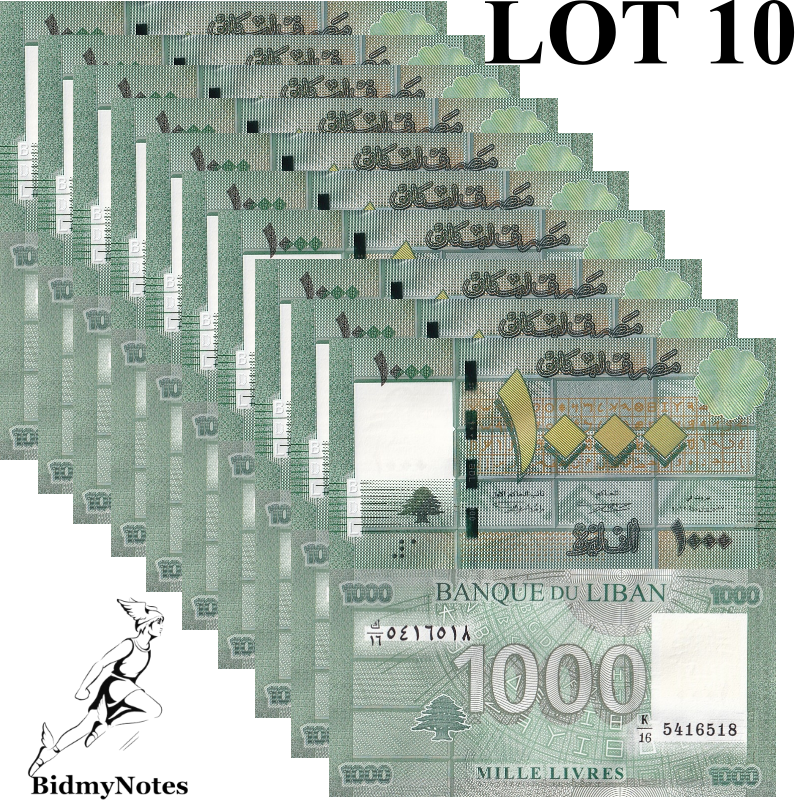 Lebanon 1000 Livres 2012 P 90b UNC 1/10 Bundle LOT 10 pcs