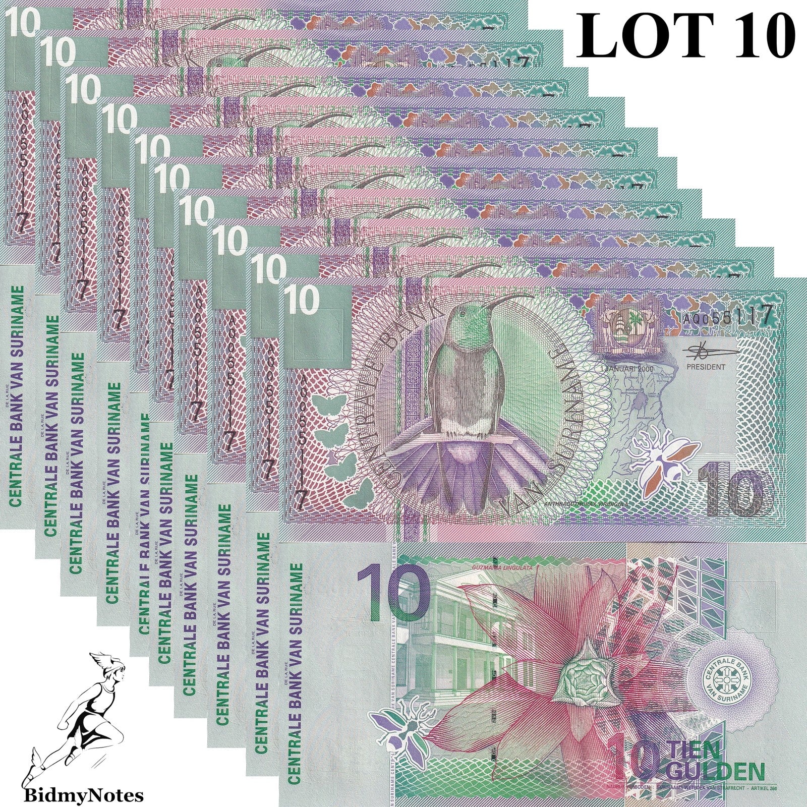 Suriname 10 Gulden 2000 P 147 UNC 1/10 Bundle LOT 10 pcs