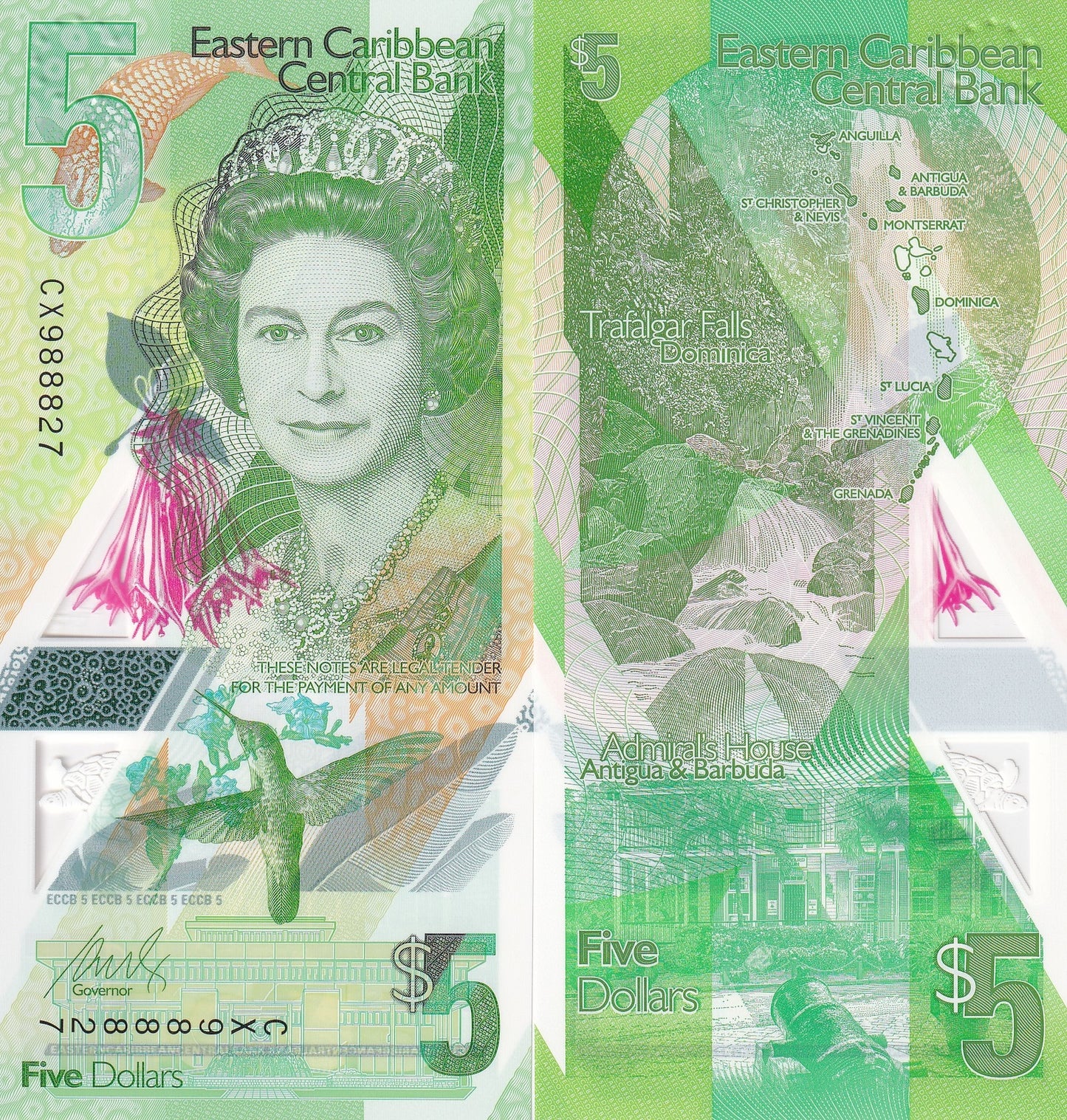 East Caribbean States 5 Dollars ND 2021 P 56 Polymer QEII redesigned UNC