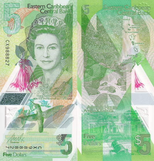 East Caribbean States 5 Dollars ND 2021 P 56 Polymer QEII redesigned UNC