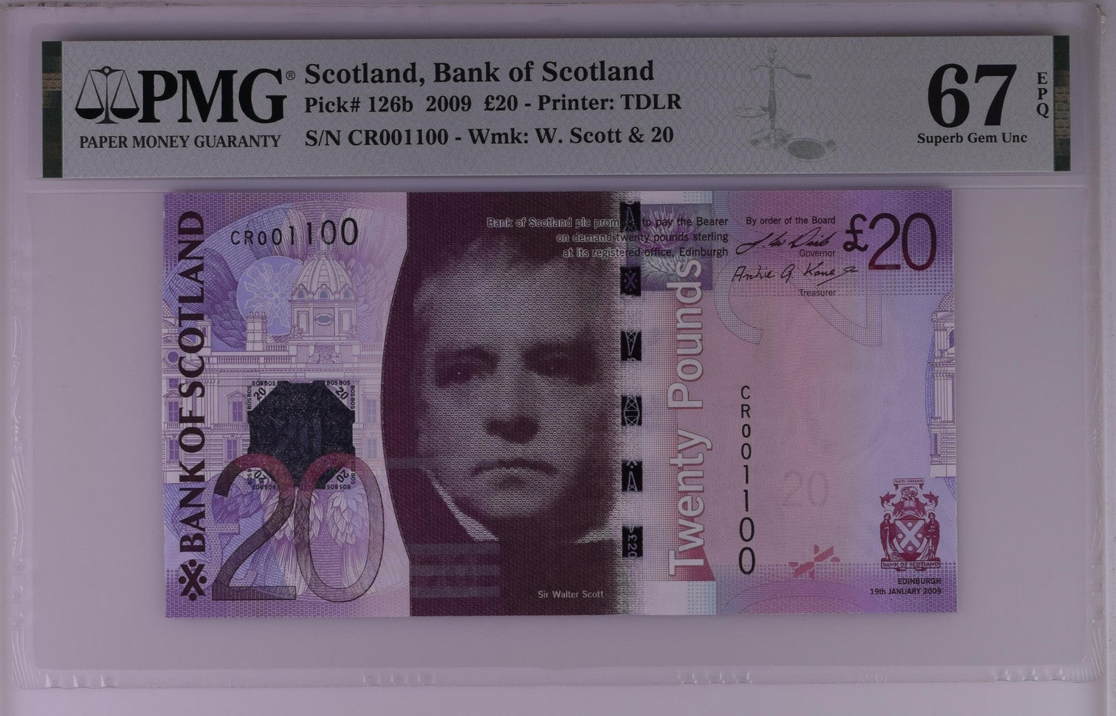 Scotland 20 Pounds 2009 P 126b UNC PMG 67 EPQ Binary-Radar-Rotator 2nd TOP POP