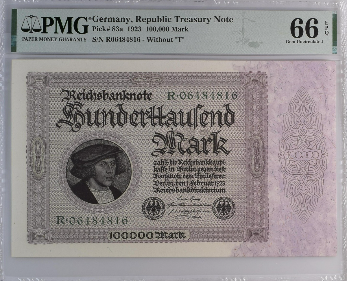 Germany Republic Treasury Note 100000 Mark 1923 P 83a UNC PMG 66 EPQ 2nd TOP POP
