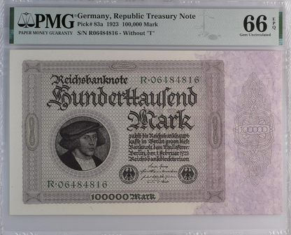 Germany Republic Treasury Note 100000 Mark 1923 P 83a UNC PMG 66 EPQ 2nd TOP POP