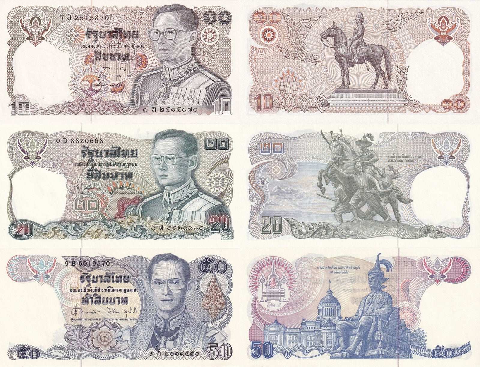 Thailand 10 20 50 Baht ND 1980-1996 P 87 88 90b Random Sign UNC Set 3 pcs