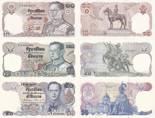 Thailand 10 20 50 Baht ND 1980-1996 P 87 88 90b Random Sign UNC Set 3 pcs