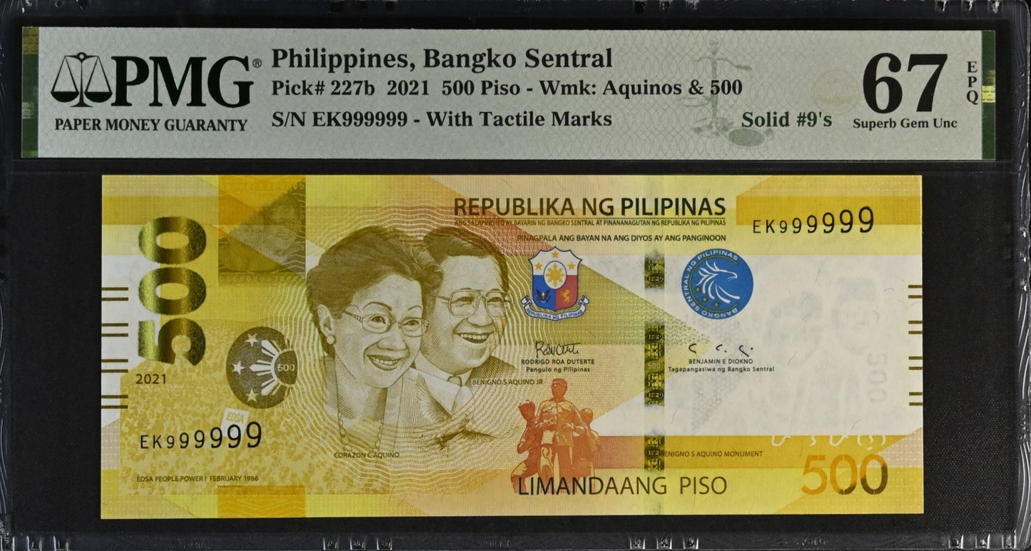 Philippines 500 Piso 2021 P 227b UNC PMG 67 EPQ SOLID 9 - 999999 2nd TOP POP