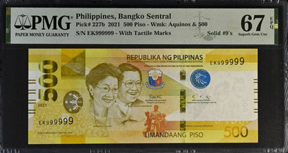 Philippines 500 Piso 2021 P 227b UNC PMG 67 EPQ SOLID 9 - 999999 2nd TOP POP