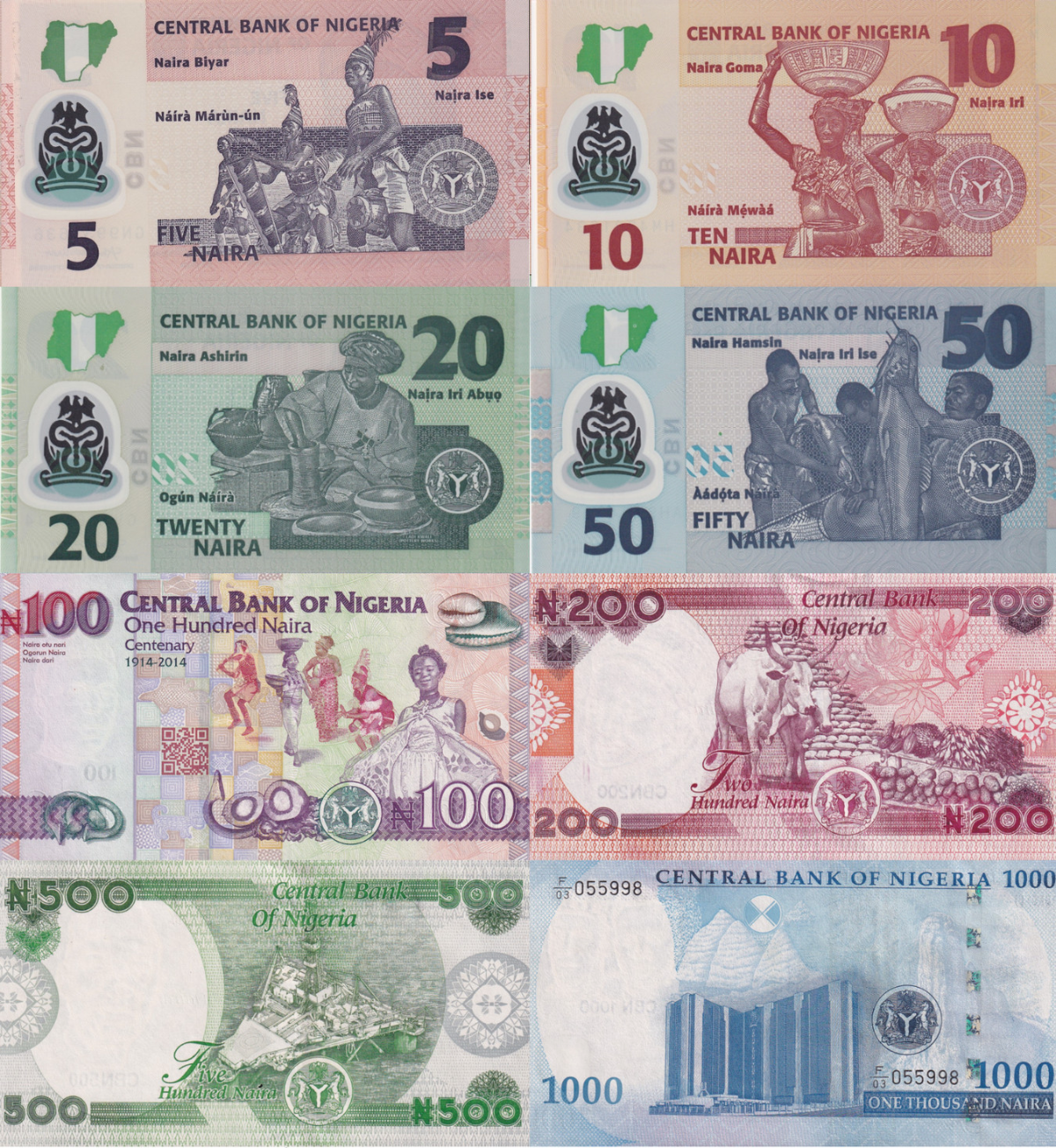 Nigeria 5 10-1000 Naira 2021-2022 P 34 38 39-49 Paper Polymer UNC Set 8 pcs
