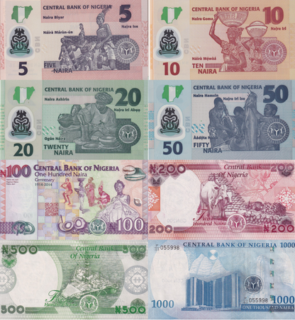 Nigeria 5 10-1000 Naira 2021-2022 P 34 38 39-49 Paper Polymer UNC Set 8 pcs