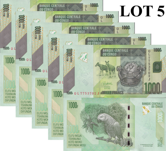 Congo Democratic Republic 1000 Francs 2022 P 101 UNC 1/20 Bundle Lot 5 pcs