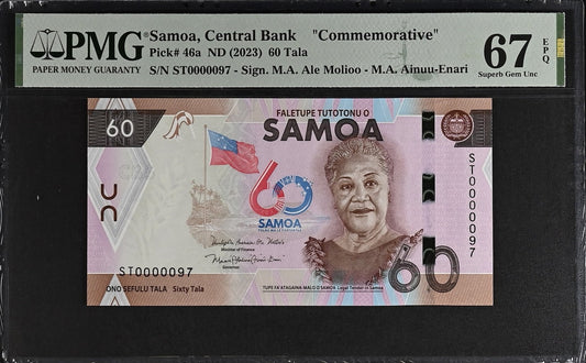 Samoa COMM. 60 Tala ND (2023) P 46a UNC PMG 67 EPQ LOW S/N 0000097 3rd TOP POP