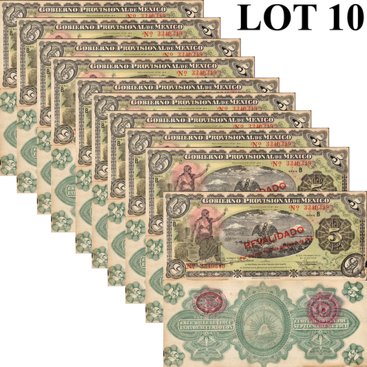 Mexico 5 Peso 1914 P S702b Circulated SERIE B 1/10 Bundle Lot 10 pcs