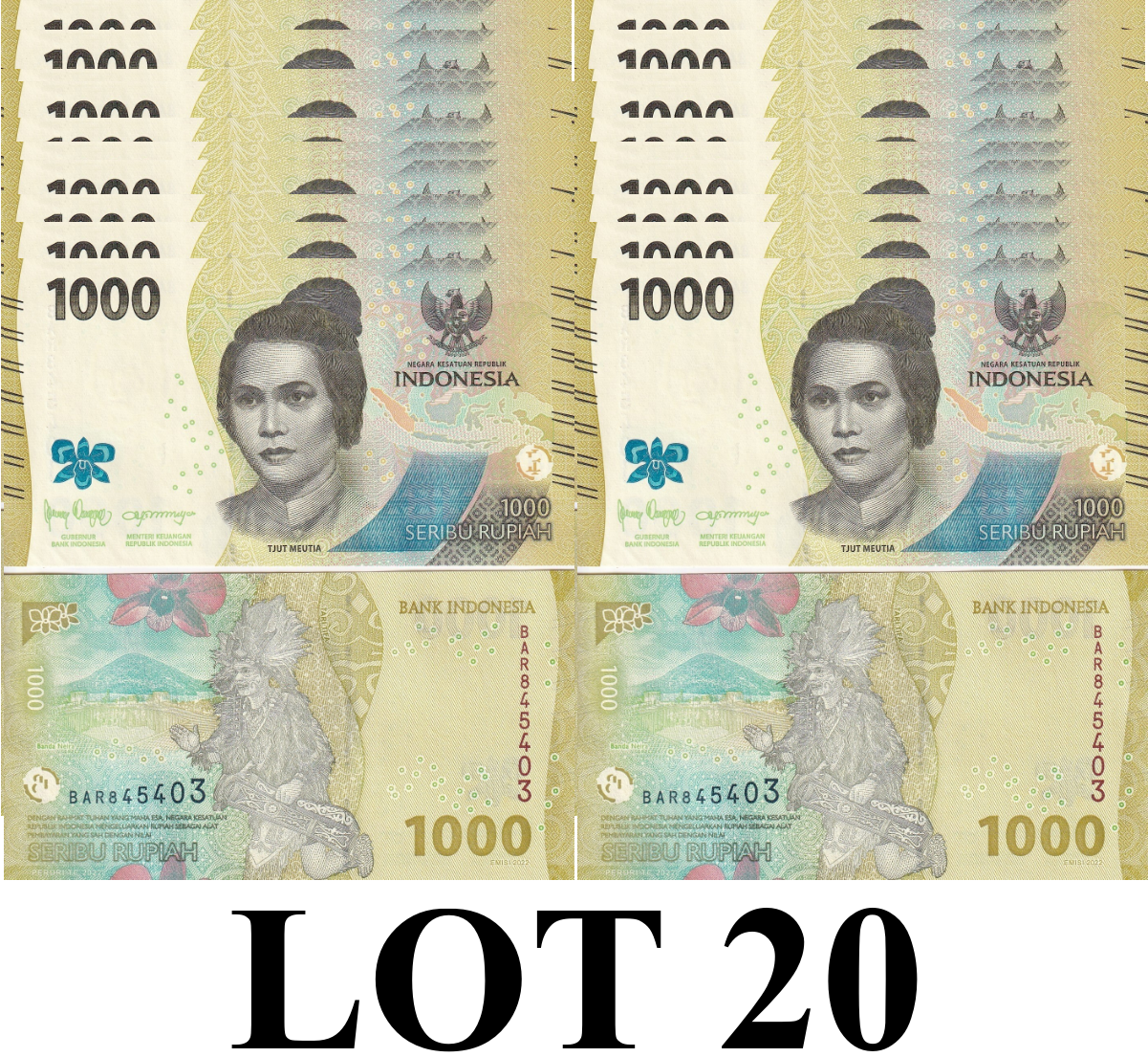 Indonesia 1000 Rupiah 2022 P 162  New design UNC 1/5 Bundle Lot 20 pcs
