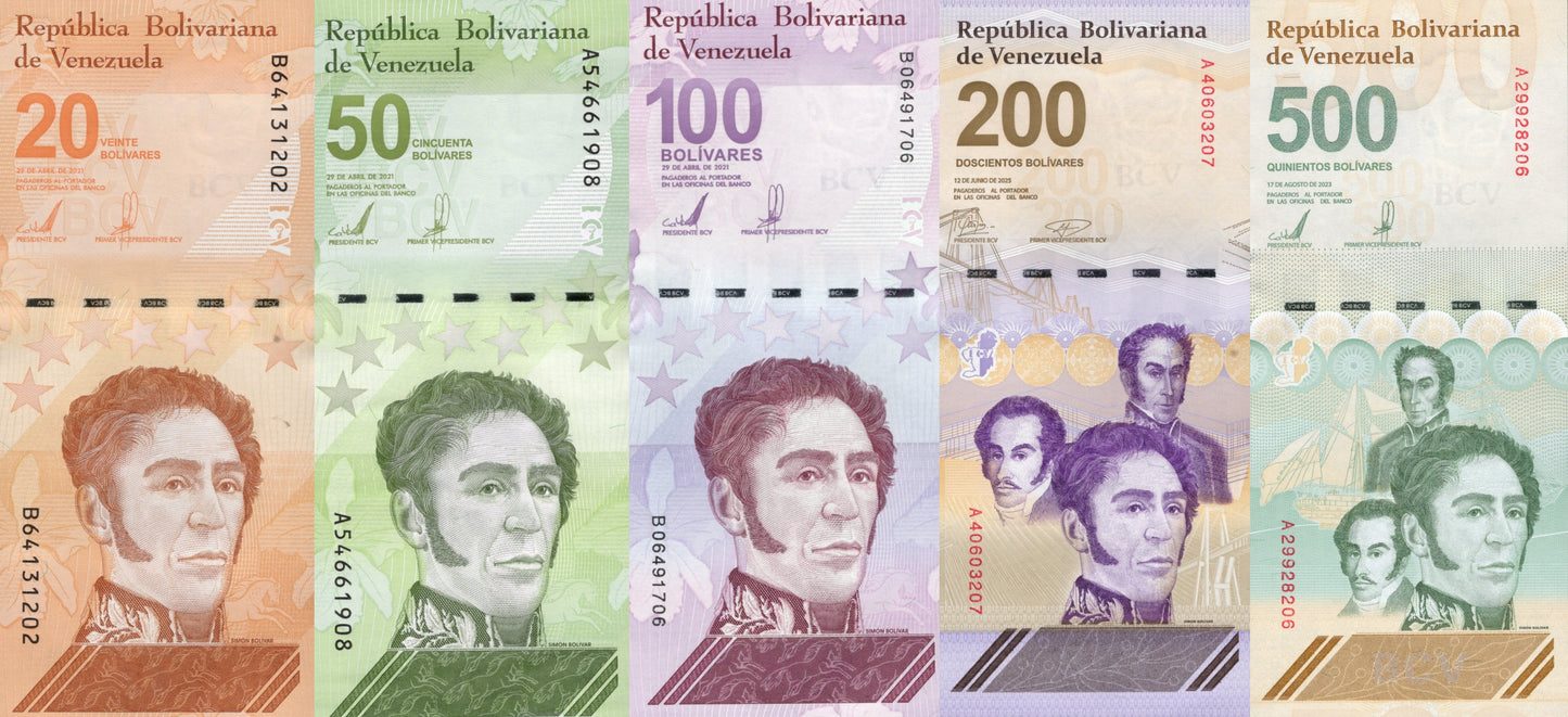 Venezuela 20 50 100 200 500 Bolivares 2021 2023 2025 P 117-121 P New UNC Set 5 p