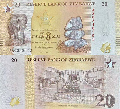 Zimbabwe 20 Zig 2026 P NEW Design UNC 1/5 Bundle Lot 20 pcs
