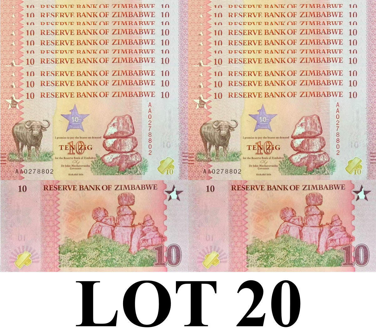 Zimbabwe 10 Zig 2026 P NEW Design UNC 1/5 Bundle Lot 20 pcs