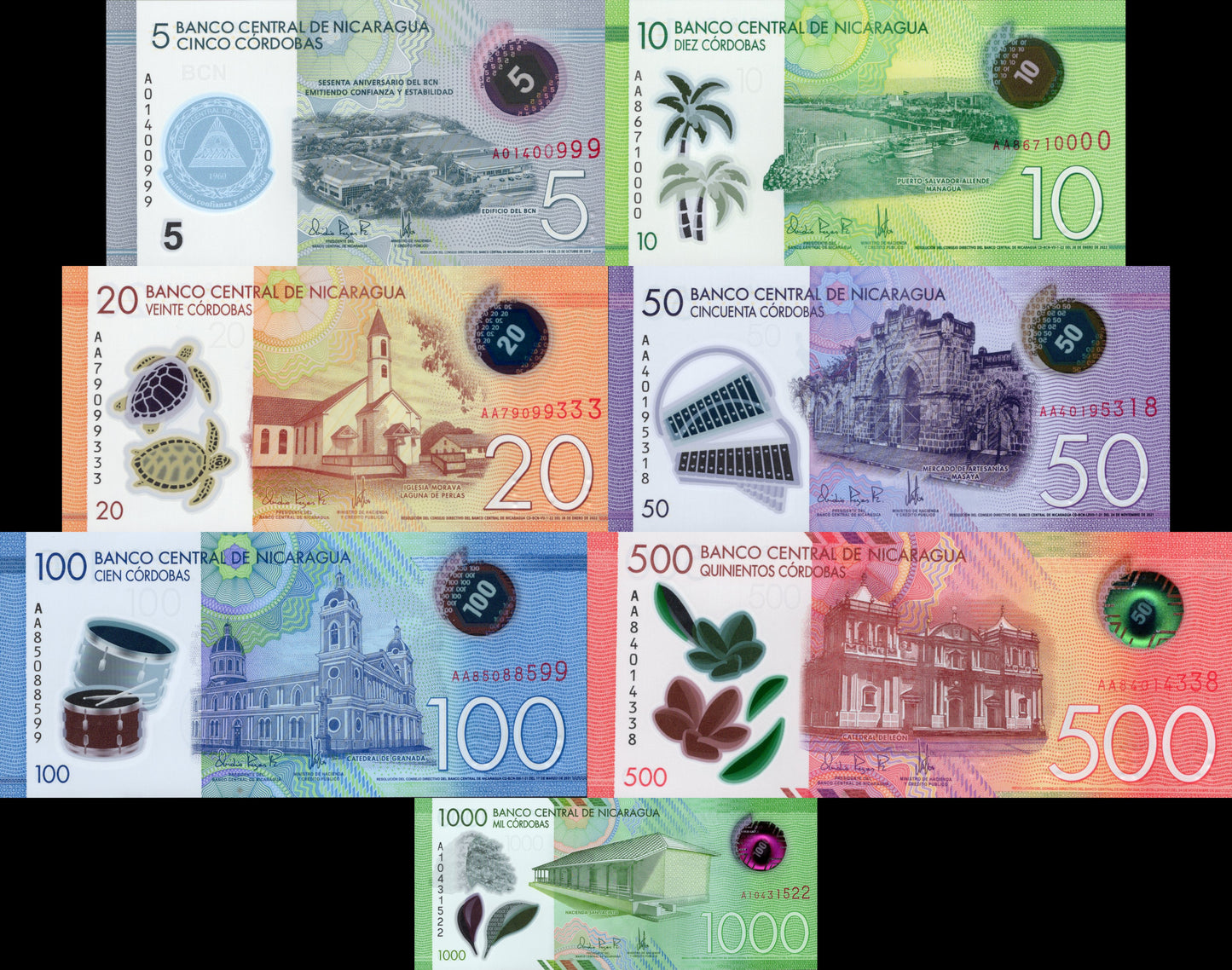 Nicaragua 5 10 20 50-1000 Cordobas 2017-2022 P 209-219 UNC Polymer Set 7 pcs