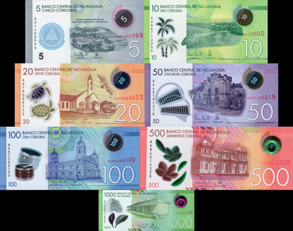Nicaragua 5 10 20 50-1000 Cordobas 2017-2022 P 209-219 UNC Polymer Set 7 pcs