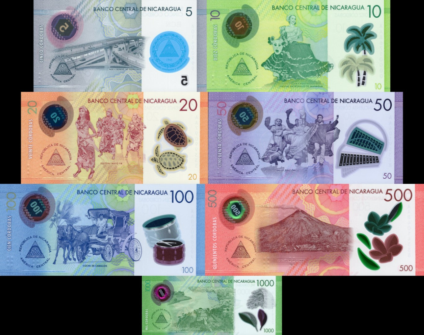 Nicaragua 5 10 20 50-1000 Cordobas 2017-2022 P 209-219 UNC Polymer Set 7 pcs