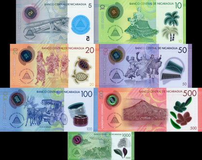 Nicaragua 5 10 20 50-1000 Cordobas 2017-2022 P 209-219 UNC Polymer Set 7 pcs