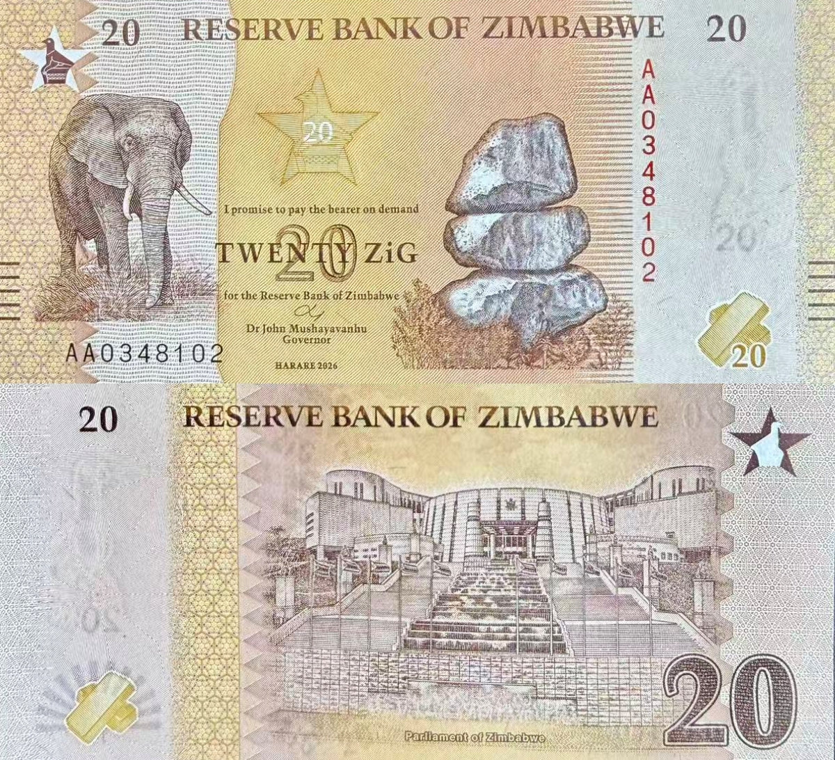 Zimbabwe 20 Zig 2026 P NEW Design UNC