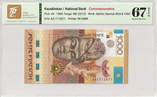 Kazakhstan 1000 Tenge ND (2013) P 44 UNC TQG 67 EPQD COMM. AA Prefix W/Hard Case