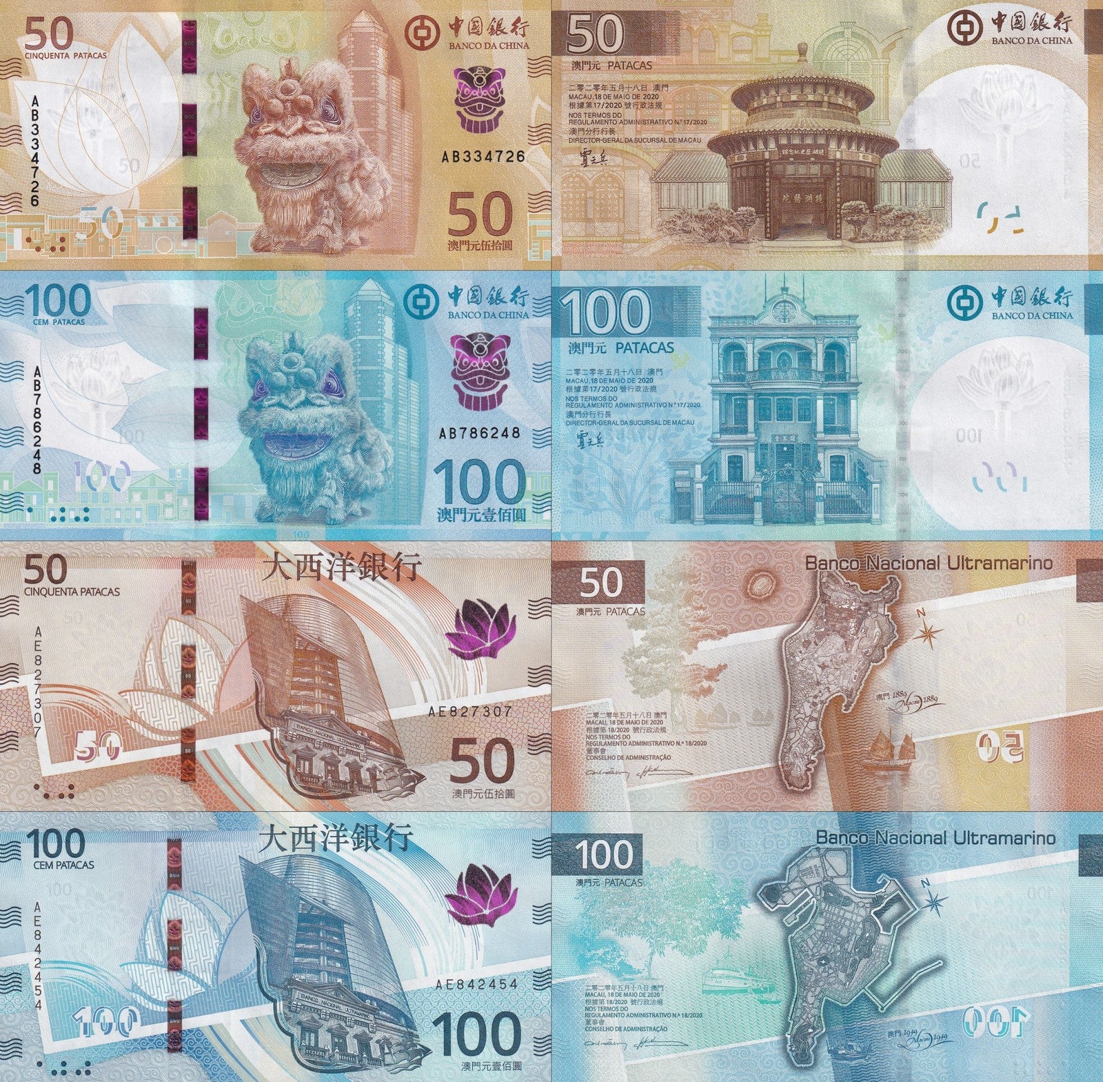 Macau Macao BOC BNU 50 100 Patacas 2025 P New Issue UNC Set 4 pcs