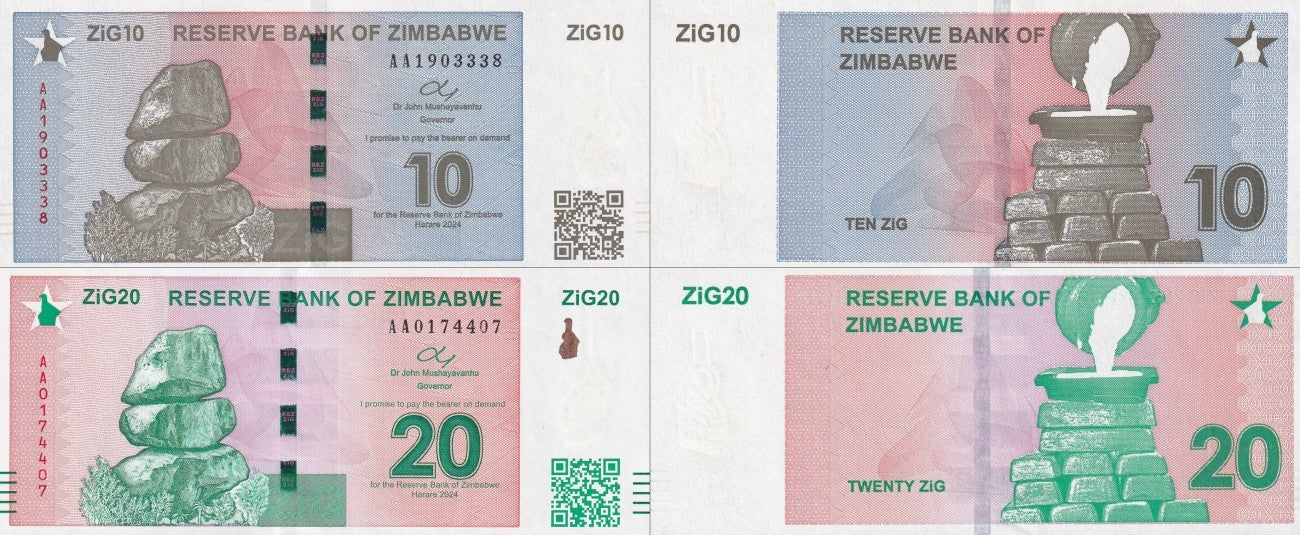 Zimbabwe 10 20 Zig 2024 P 110 111 AA First Prefix UNC Set 2 pcs