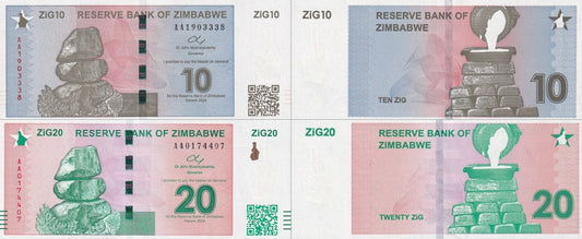 Zimbabwe 10 20 Zig 2024 P 110 111 AA First Prefix UNC Set 2 pcs
