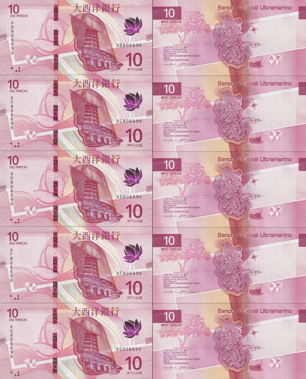 Macau Macao BNU 10 Patacas 2024 P 300a Matching No. UNC Set 5 pcs