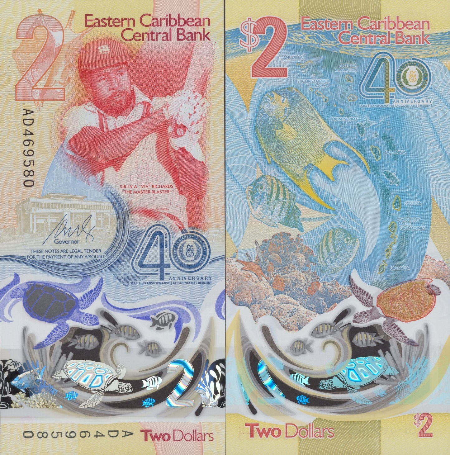 East Caribbean States 2 Dollars 2023 2024 P 61 Polymer UNC Commemorative