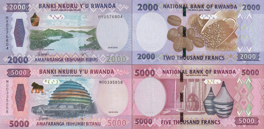 Rwanda 2000 5000 Francs/Amafaranga 2024 P 44 45 New Design UNC Set 2 pcs