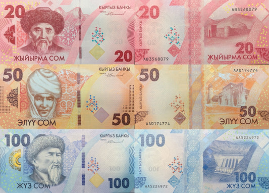 Kyrgyzstan 20 50 100 Som 2023 2024 P 34 35 36 New Design UNC Set 3 pcs